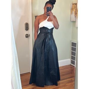 Black High-Waist Maxi Leather Skirt with Paperbag Tie